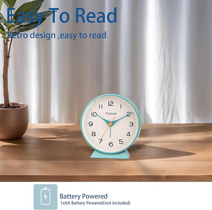 Tinload 4.5" Battery Operated Retro Analog Alarm Clock, Small Silent Bedside Desk Clock,Lighted on Demand, Battery Operated, Snooze, for Living Room, Bedroom, Bedside, Desk(Green)