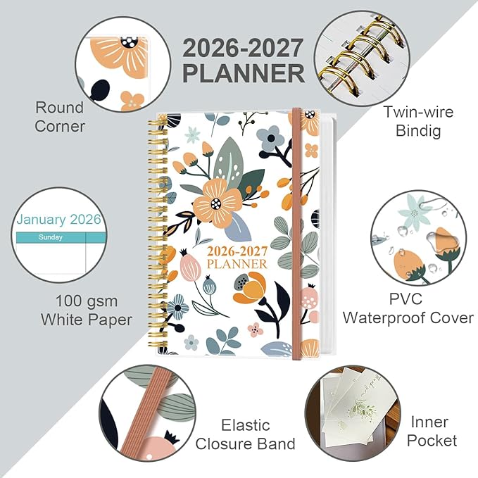 2026-2027 Planner - 18 Months Weekly & Monthly Planner from January 2026 - June 2027, Spiral Notebook 2026-2027 with Elastic Closure, Inner Pocket, Medium 5.8" x 8.3", Rose Flower