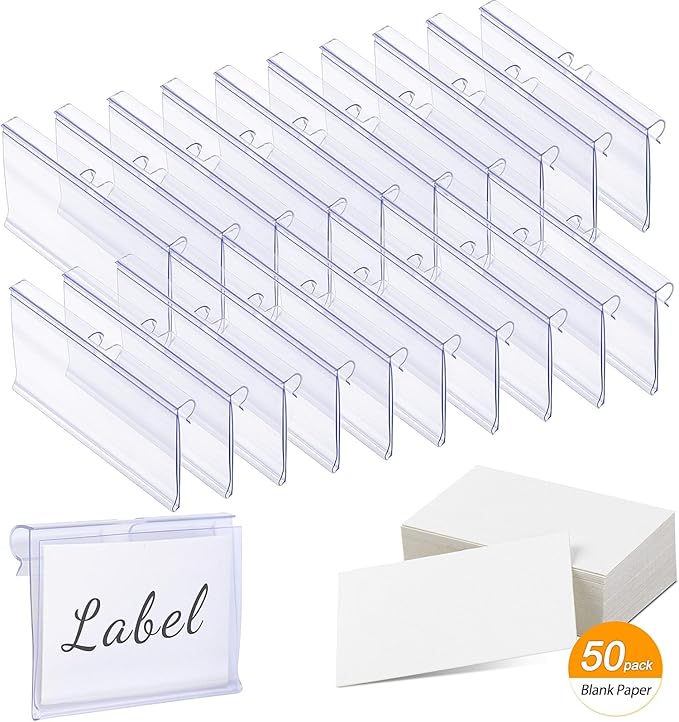 Meetory 50 Pcs Plastic Wire Shelf Label Holders, 3" x 1.65" Clear Price Tag Holder with Double Snap Lock Closure - Reusable Plastic Basket Label Holders for Market, Retail Shop, Pantry, Label Papers
