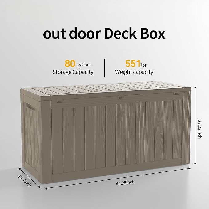 Decksplore Outdoor Storage Box Waterproof, Lockable Resin 80 Gallon Deck Box Patio Storage Bin for Pool Accessories Cushion Furniture, Garden Tools, UV-Resistant Outside Delivery, Grey