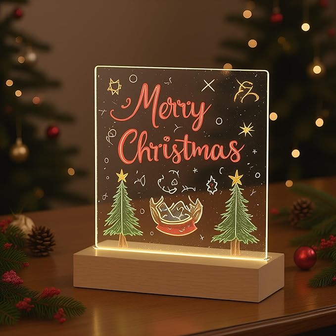 FRELWIM 5.9 x 5.9 Inch Warm LED Message Memo Note Board with Colors, Clear Acrylic Desktop Light Up Dry Erase Drawing Writing Board with Stand