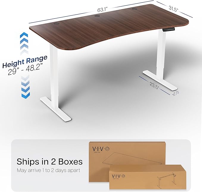 VIVO Electric 63 x 32 in Standing Desk, Memory Height Adjustment, 1B Series, Holds 220 lbs, Dark Walnut Top White Frame, DESK-KIT-1W1D