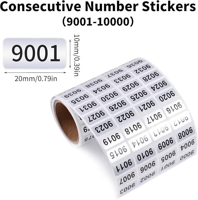 9001-10000 Consecutive Number Inventory Stickers Self Adhesive Waterproof Labels Office Warehouse Numbering Classification Black Printing on Silver Sticker 0.79 x 0.38 Inch