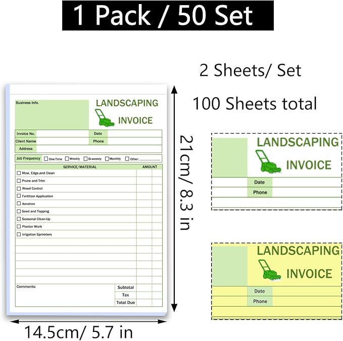 Garden Service Invoice Receipt Book, 2-Part Carbonless Landscaping Invoice Book for Small Business, 5.7 x 8.3 in, 50 Sets (White & Yellow), Lawn Care & Gardening Work Order Forms