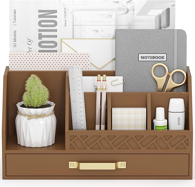 Wisuce Essentials Bamboo Desk Organizer with Drawers, Mail Organizer Countertop Wood Desk Drawer Tabletop Storage Organization Pen Holder Letter Sorter Makeup Organizer for School Home Office (Brown)