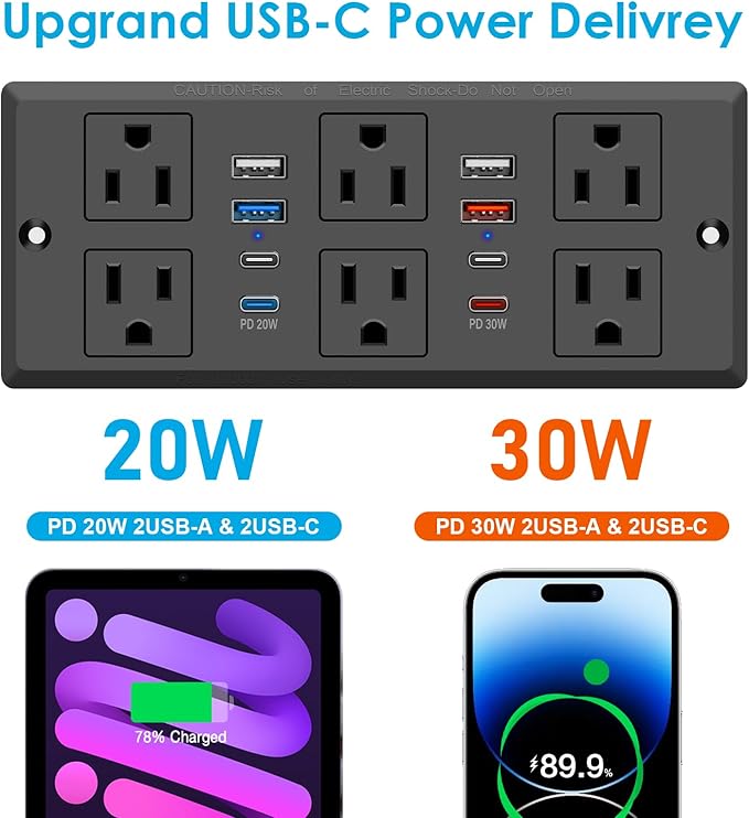 Recessed Power Strip with PD 30W Fast Charging, Conference Desk Flush Mount Outlets Plug in 6 Outlets & 8 USB Ports,3FT Cord Furniture Drawer Outlet Black