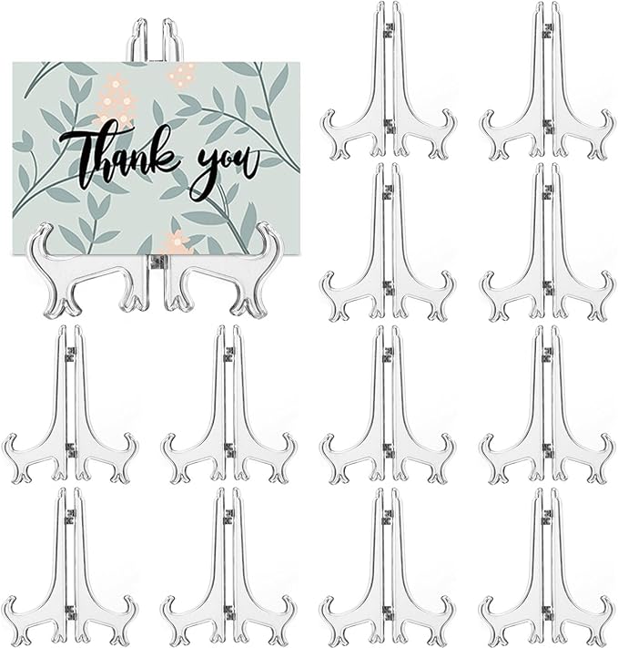 LonlyEagle 12 Pack 4 Inch Clear Plastic Easels or Stand/Plate Holders to Display Pictures or Other Items at Weddings, Plate Stands for Home Decoration, Birthdays, Tables