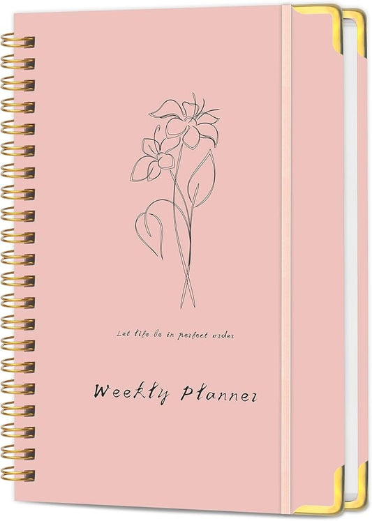 Undated Weekly Planner with Metal Corner Hardcover Notebook , A5 Size Journal with To Do List Planner, Habit Tracker,Weekly Goals for ADHD,Student, Office, Women, Men ,Gifts,6 x 8 inches，Spiral Bindding ,Pink