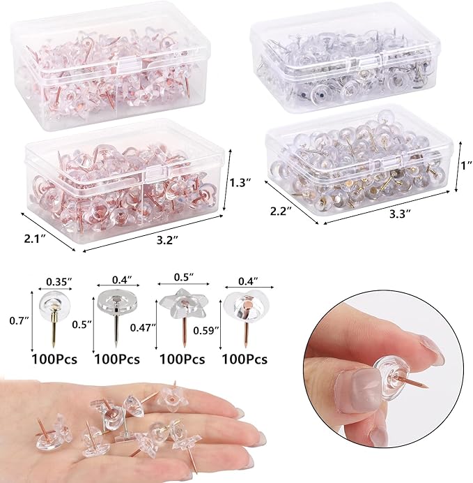 400Pcs Clear Push Pins 4 Types Thumb Tacks for Wall - Decorative Push Pins for Bulletin Board and Cork Board