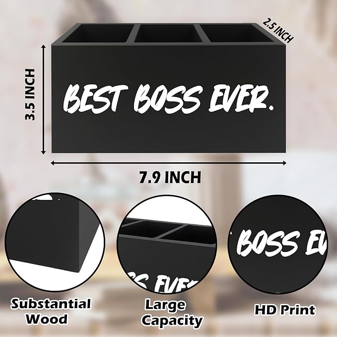 QZQE Boss Gifts Pen Pencil Holder Organizer for Desk, Bosses Leader Appreciation Gifts, Best Boss Ever Wooden Box Signs Decorations for Home Workplace Office Desk Tabletop