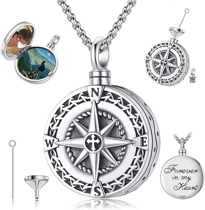 Compass Necklace for Women Men 925 Sterling Silver Pendant Urn Necklaces for Ashes Picture Locket Necklace Anchor Necklace Viking Necklace Crystals CZ Moonstone Abalone Shell Turquoise Compass Jewelry
