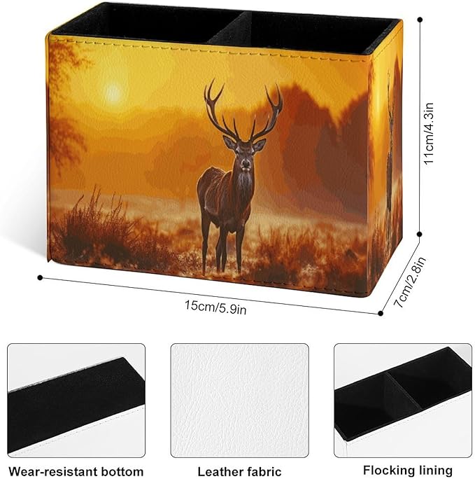 Famame Fall Deer Sunset Pencil Holder for Desk, Leather Desktop Container Pen Cup Storage Study Table Pen Organizer Makeup Brush Holder for Classroom Office Home