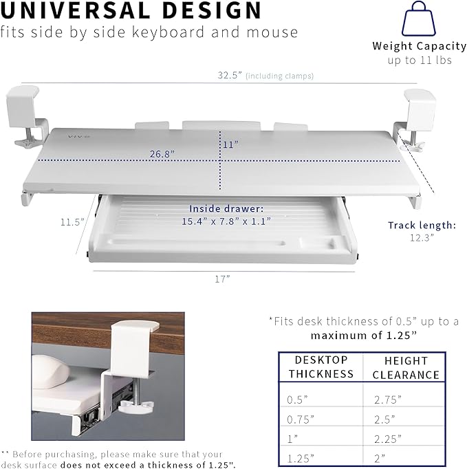 VIVO Large Keyboard Tray Under Desk Pull Out Platform with Pencil Drawer, Extra Sturdy C Clamp Mount, 27 (33 Including Clamps) x 11 inch Slide-Out Tray with Storage Drawer, White, MOUNT-KB05-4DW