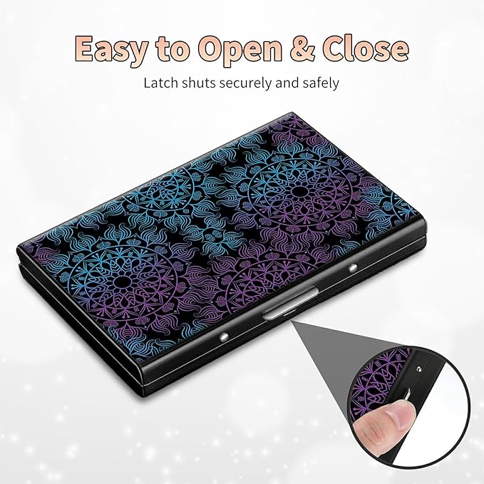 BWEGRHE Slim Credit Card Holder, Purple Blue Mandala RFID Blocking Metal Wallet for Men & Women, Aluminum Minimalist Hard Case Pocket-Sized Business Cards Organizer (Fits Up to 10 Cards)