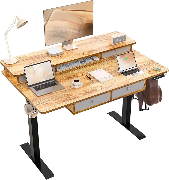 ExaDesk 48 * 30 Inches Electric Standing Widened Desk Adjustable Height with 4 Drawers, Double Storage Shelves Stand Up Desk, Home Office Workstation Sit Stand up Desk (Light Rustic Brown)