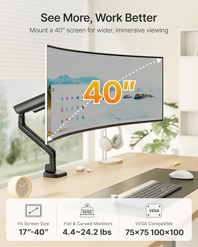 monTEK Single Monitor Arm, Mechanical Spring Monitor Arm for 17-40" Ultrawide Screens, Adjustable Monitors Desk Mount Holds up to 24.2 lbs with C Clamp/Grommet Desk Mount, VESA 75/100mm, MA1011BK