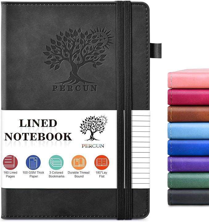 PERCUN Lined Journal Notebook for Men & Women, 160 Pages College Ruled Journal for Writing, A5 Hardcover Leather Notebooks for Work, School, Business, Travel, Daily Diary 5.9" x 8.5" (Black)