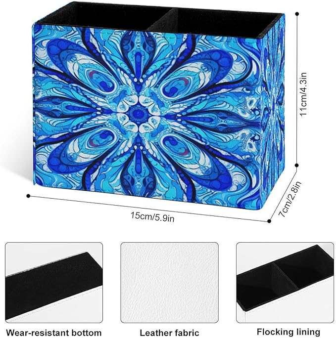 Famame Blue White Abstract Design Pencil Holder for Desk, Leather Desktop Container Pen Cup Storage Study Table Pen Organizer Makeup Brush Holder for Classroom Office Home