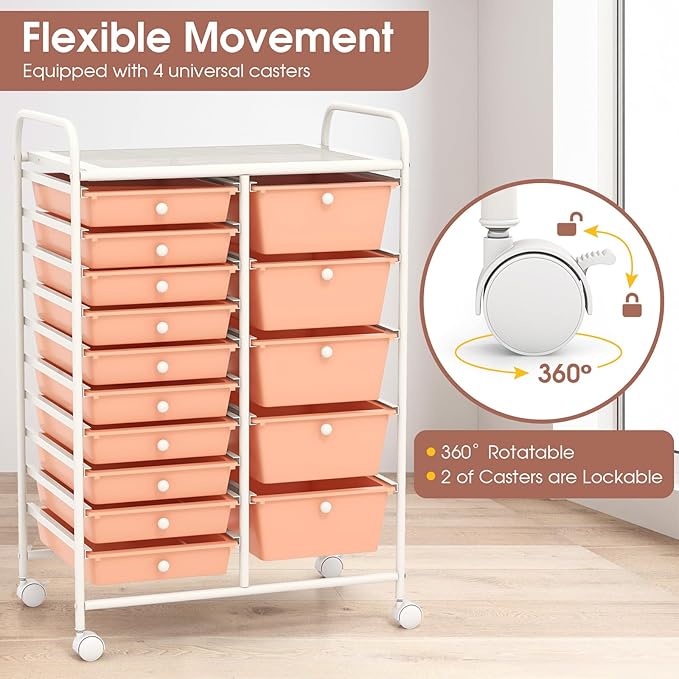 DORTALA 15-Drawer Rolling Storage Cart with Drawers, Rolling Utility Cart w/Removable Drawers & Universal Wheels, Tools Scrapbook Paper Organizer for School, Office, Home, Classroom (Light Pink)