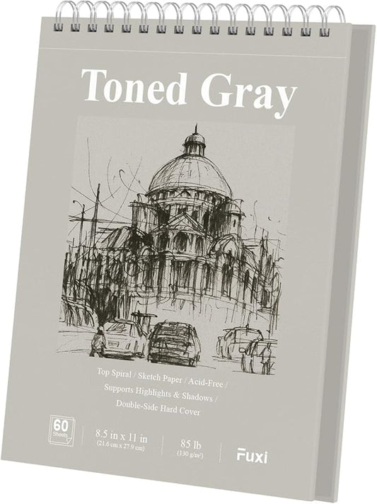 Fuxi Toned Gray Sketchbook 8.5x11, 60 Sheets (85lb/150gsm) Spiral Bound, Hardcover, Artist Sketch Pads for Drawing for Adults with Pencil, Charcoal, Colored Pencils for Artists & Students, Classroom.