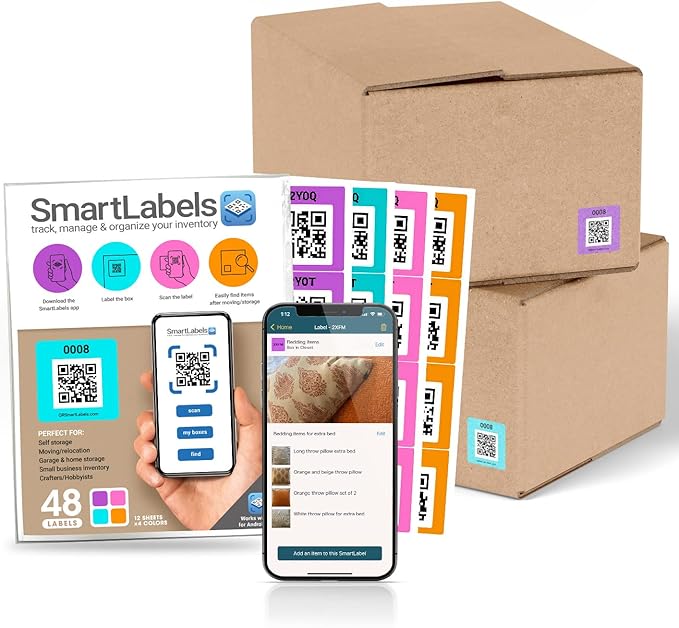 Smart Labels QR Code Stickers Pack of 48 (Modern) Made in USA - QR Code Labels for Storage & Inventory Tracking, Storage Unit Organization, App Stickers for Inventory Organization & Moving Supplies