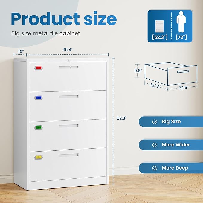 PEUKC 4 Drawer File Cabinet, Lateral Filing Cabinets for Home Office, Office Storage Drawers with Lock, Hanging Files Legal/Letter A4 Size (Assemble Required,White)