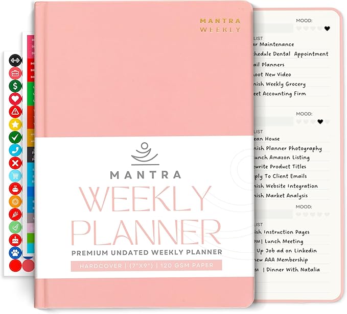Mantra Planner 2026 Planner, Daily Journal & Gratitude Journal All-In-One with To Do List, Self Care Prompts & Habit Tracker - 7 x 10 - Pink