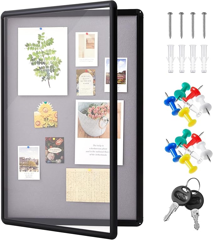 Geetery 36 x 24 Inch Enclosed Fabric Bulletin Board Tamperproof Lockable Noticeboard Fabric&Aluminium Frame Display Cases Wall-Mounted Display Case for School, Office - Secure, Durable
