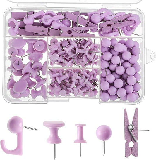 200 Pieces Push Pins Set, 5 Types Purple Thumb Tacks Cute Decorative Push Pins for Wall Cork Board Bulletin Boards with Storage Box