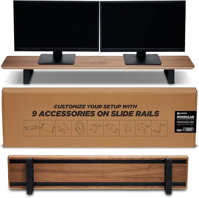 ULTRARM Moodular Wooden Monitor Stand 45.6” (116cm) Large Desk Organizer with Metal Slide Rails for Drawer, Tray, Laptop, Tablet, Phone & Headphones Customizable Riser for Organized Workspace Walnut