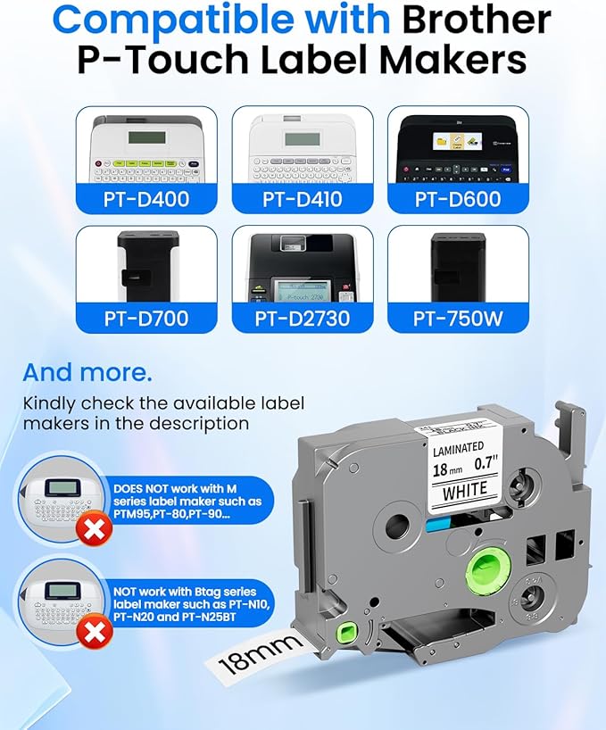 TZe-241 18mm 0.7 Laminated White Tape Replace for Brother Label Maker Tape 18mm Label Tape Compatible with P-Touch TZ TZe 3/4" Black on White TZE241 for PTD410 PT-D400 PT-D610BT PTD600 Refills,4 Pack