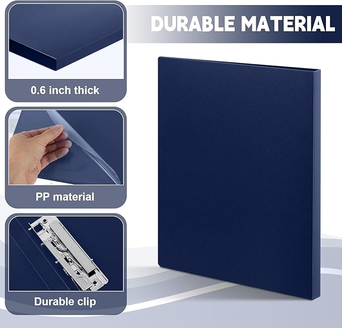 Teling 12 Pack Punchless Clamp Binder Folder 8.5 x 11 Inch Ringless Binder Holds with Pocket, Flexible Metal Clip and Poly Covers, 100 Letter Size Pages, for Work, School(Navy Blue)