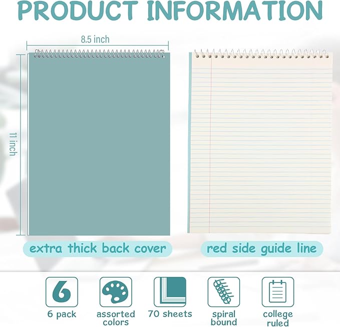 Maitys 6 Pcs Legal Pad Steno Spiral Notebook 8.5" x 11" Top Bound Spiral Pads Hard Cover College Ruled Notepad 70 Sheet Pad for School Office University Home (Grey Color,Metallic Style)