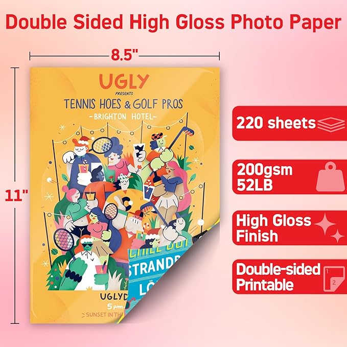 HARtwii 220 Sheets Double Side High Glossy Photo Paper 8.5x11 Inches 54lbs for Inkjet Printers and Dye Ink 200Gsm Suitable for Inkjet Printing Printer