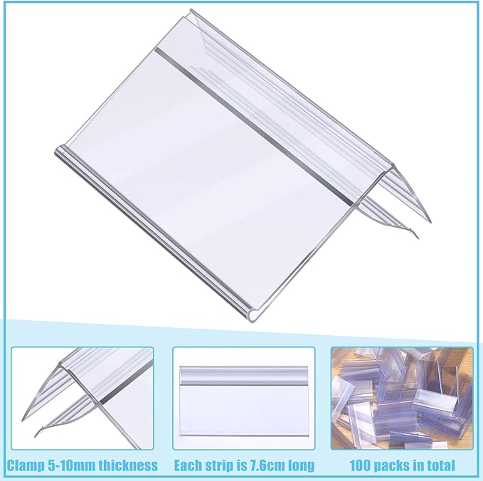 Qunclay 200 Pcs Shelf Label Holder Glass Wood 1.25 x 3 Inches Clear Plastic Clip on Labels Shelf Tags for Wire Shelving 0.15'' to 0.4'' Shelves Sign Price Tags