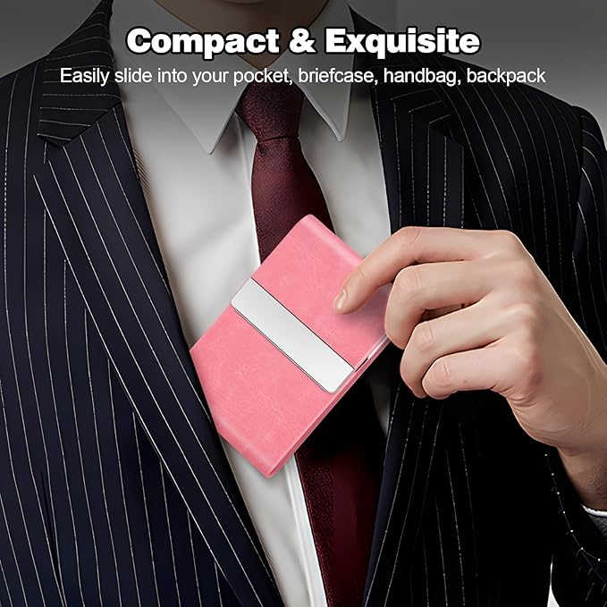 Business Card Holder for Women or Men, Business Card Case with PU Leather and Stainless Steel, Slim Metal Case with Magnetic Closure for Business Meeting Use