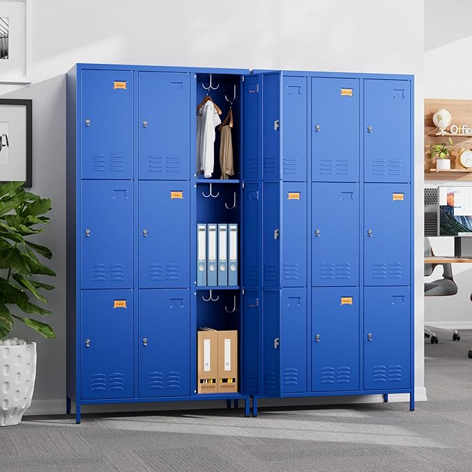 SUPEER 9 Doors Metal Locker for Employees with 27 Hooks and Business Card Holder,Metal Locker with Ventilation Holes for School Garage Office Gym Home,Assembly Required,Blue
