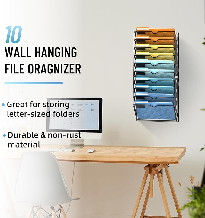 SUPEASY 10-Tier Wall File Holder Organizer with Hooks, Mesh Hanging File Organizer, Mail Organizer Wall Mounted for Papers, Folders, Office Magazine Rack, Black