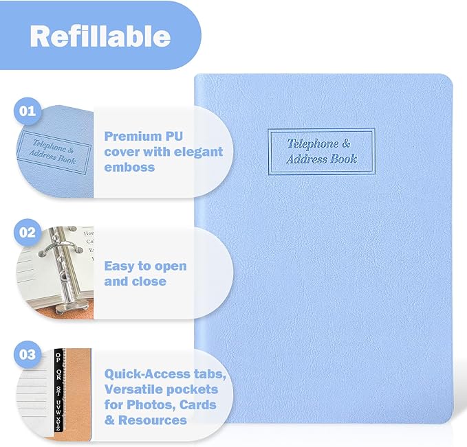Reﬁllable Address Book with Alphabetical Tabs, Blue Hardcover Phone Book 648 Contact Book with 48 Passwords Combo Book, Large Prints, Easy for Seniors, Home Oﬃce, A5