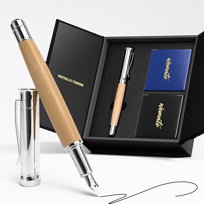 WEMATE Fountain Pen Set, Fine Nib, 20PCS 2.6MM Ink Cartridges(10 Black&10 Blue), 1 Ink Converter, Smooth Writing, No Skips, Nice Gift for Men, Women, Cool Wood Fountain Pen for Writing, Calligraphy