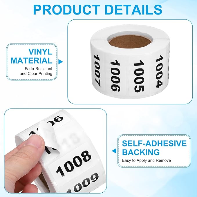 PATIKIL 0.8 x 1.6 Inch Inventory Number Sticker, 2 Roll 1002 to 2000 Consecutive Number Labels Self-Adhesive Labels Tag 1000 Stickers for Office Warehouse Numbering Classification, Black