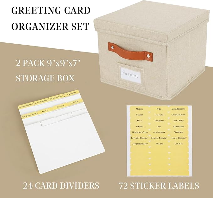 TARSUKA Greeting Card Organizer with dividers - Storage Box with lid Holds 150+ Cards - Assortment Box for Greeting Cards,Recipes, Photos, Envelopes, Keepsake - 9 x 9 x 7 Inches (Beige, 2 pcs)