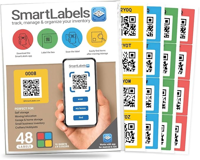 Smart Labels QR Code Stickers Pack of 48 (Original) Made in USA - QR Code Labels for Storage & Inventory Tracking, Storage Unit Organization, App Stickers for Inventory Organization & Moving Supplies