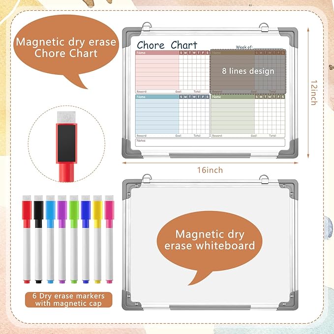 Lincia 12 x 16 Magnetic Dry Erase Chore Chart Board for Family Adults Double Side Family 2 in 1 Combo Chore Board Weekly Calendar Aluminum Frame for Wall 8 Markers 1 Eraser(Multiple People Style)