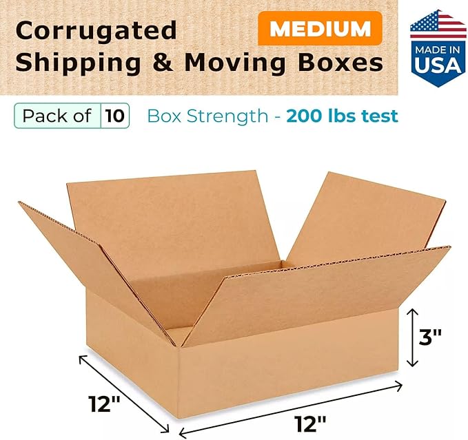 IDL Packaging - B-12123-10 12"L x 12"W x 3"H Medium Cardboard Box (Pack of 10) for Moving, Shipping or Storage, Made in USA, 100% Recyclable, Brown. Packaging Boxes for USPS, UPS, FedEx Shipping
