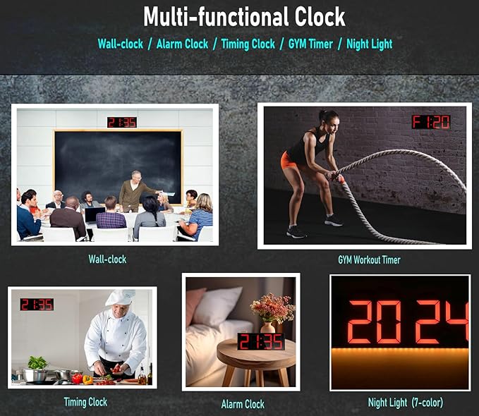 ETEBRG 17.3'' Huge Digital Wall Clock, Home Gym Interval Workout Timers, with Countdown, Stopwatch, 7-Color Light, 8-Alarms, Calendar/Temperature Display, for HIIT/Tabata/FGB/EMOM (Red)