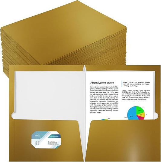 Yeaqee 100 Pack 2 Pockets Glossy Laminated Paper Folder First Day of School Presentation Folder Letter Size Two Pocket File Portfolio Holder Back to School Items Bulk for Teacher Office (Gold)