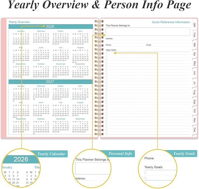 2026 Planner - Planner 2026 from January 2026 to December 2026 with 12 Monthly Tabs, Flexible Cover, Inner Pocket, 8.5" x 11", Pink-A