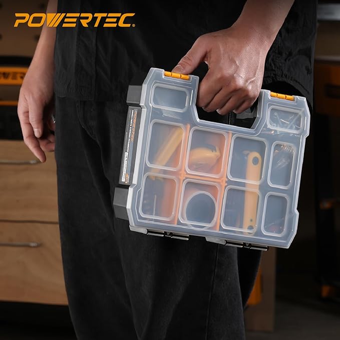 POWERTEC Small Parts Organizer & Tool Box – 10 Compartments, Stackable Storage with Removable Dividers, Clear Lid, Portable Design (72117)