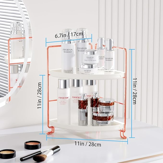 FSyueyun 2-Tier Corner Bathroom Counter Organizer, Tool-Less Installation Vanity Shelf Small Plastics Countertop Makeup Tray Skincare Perfume Organizers (Rose Gold)